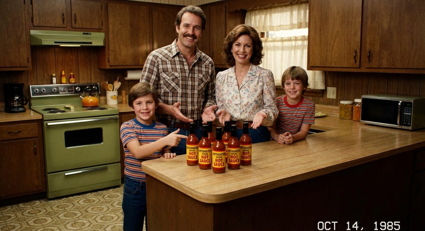 A 1980s family proudly displaying their HotSquatch! hot sauce collection